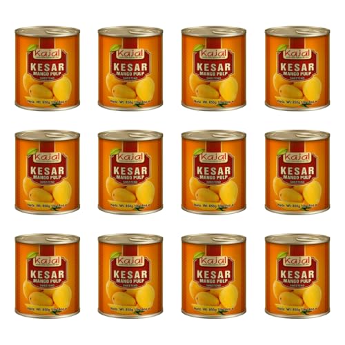 Kajal Premium Mango Püree Kesar 12 x 850g - Ideal für Mango Shakes, Lassi, Desserts & Curry - Natürlich, Süß, Aus Indien - Mango Fruchtfleisch Kesar ohne Zusatzstoffe von Kajal