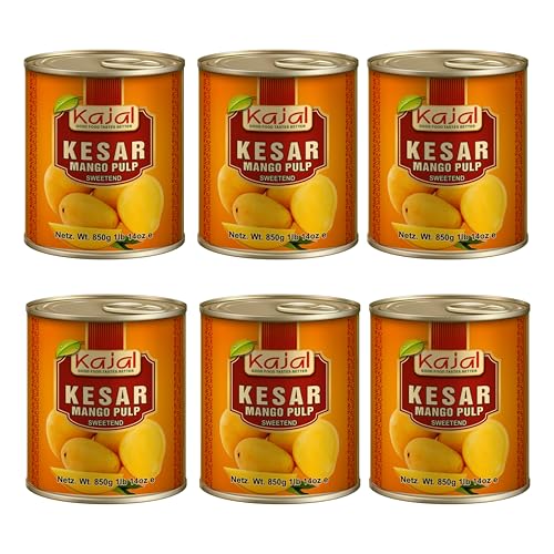 Kajal Premium Mango Püree Kesar 6 x 850g - Ideal für Mango Shakes, Lassi, Desserts & Curry - Natürlich, Süß, Aus Indien - Mango Fruchtfleisch Kesar ohne Zusatzstoffe von Kajal