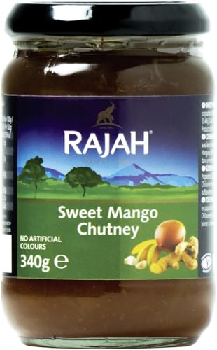 Kajal Rajah Süßes Mango Chutney 340 g – Mango-Stücke ohne Schale 46%, Zucker, Ingwer, Knoblauch, Chili – Perfekt zu Curry, Käse, Brot & Grillgerichten (3 x 340g) von Kajal