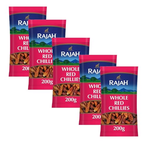 Kajal Scharfe Ganze Rote Chillies 5x200g - Extra Scharf und Aromatisch - Perfekt für Authentische Gerichte, Chutneys, Saucen und Würzmischungen von Kajal