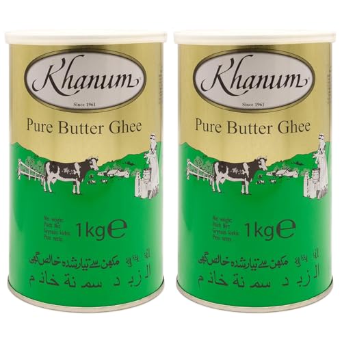 Khanum Reines Butterfett Ghee 2 x 1kg – Hochwertiges Butterfett zum Braten, Kochen & Backen | Perfekt zum Frittieren, hoher Rauchpunkt, ohne Zusatzstoffe mit Kajal-Aufkleber von Kajal