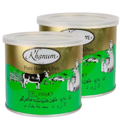 Khanum Reines Butterfett Ghee 2 x 500g – Hochwertiges Butterfett zum Braten, Kochen & Backen | Perfekt zum Frittieren, hoher Rauchpunkt, ohne Zusatzstoffe mit Kajal-Aufkleber von Kajal