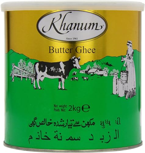 Khanum Reines Butterfett Ghee 2kg – Hochwertiges Butterfett zum Braten, Kochen & Backen | Perfekt zum Frittieren, hoher Rauchpunkt, ohne Zusatzstoffe mit Kajal-Aufkleber von Kajal