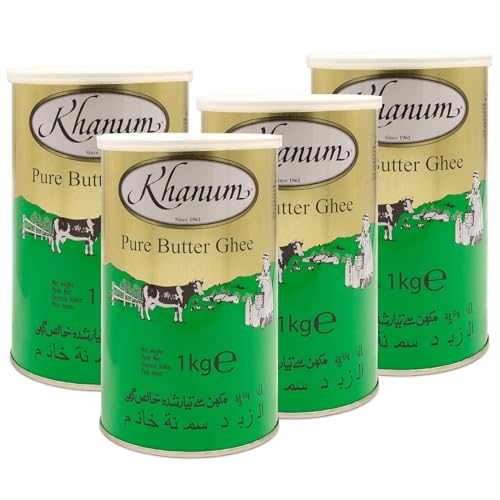 Khanum Reines Butterfett Ghee 4 x 1kg – Hochwertiges Butterfett zum Braten, Kochen & Backen | Perfekt zum Frittieren, hoher Rauchpunkt, ohne Zusatzstoffe mit Kajal-Aufkleber von Kajal