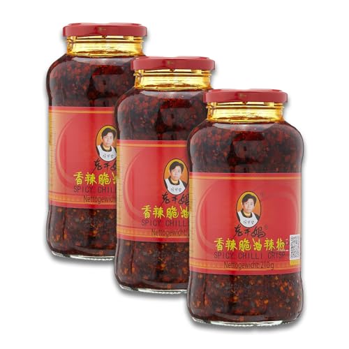 Lao Gan Ma Roasted Chilli Paste 3 x 210 g – Knusprige Chilis in Öl, geröstete Chiliflocken mit Szechuan Pfeffer, Chili Sauce mit fermentierten Sojabohnen, würzig und scharf, vegan von Kajal