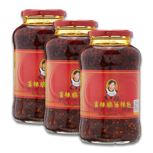 Lao Gan Ma Roasted Chilli Paste 3 x 710 g – Knusprige Chilis in Öl, geröstete Chiliflocken mit Szechuan Pfeffer, Chili Sauce mit fermentierten Sojabohnen, würzig und scharf, vegan von Kajal