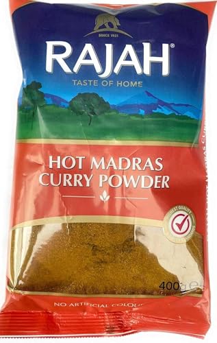 Rajah Hot Madras Curry Powder 400g - Scharfes indisches Currypulver mit Koriander, Kurkuma, Senf, Chilli, Kreuzkümmel, Bockshornklee, 100% rein ohne Zusätze mit Kajal von Kajal