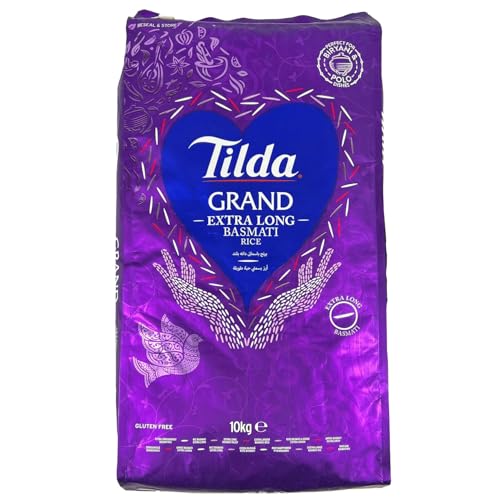 Tilda Grand Basmati Reis 10kg – Extra langer Premium Langkorn Basmati Reis, ideal für Biryani & Polo – Perfekte Körner aus dem Himalaya, Großverpackung für besondere Anlässe mit Kajal Sticker von Kajal