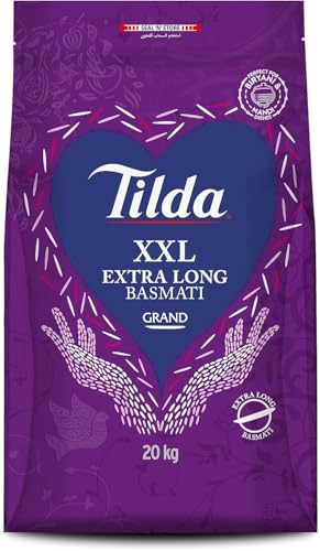 Tilda Grand Basmati Reis 20kg – Extra langer Premium Langkorn Basmati Reis, ideal für Biryani & Polo – Perfekte Körner aus dem Himalaya, Großverpackung für besondere Anlässe mit Kajal Sticker von Kajal