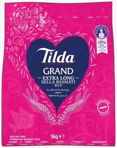 Tilda Grand Basmati Reis 5kg Extra Lang Golden Sella, Parboiled Reis, Extralange Körner, Perfekt für Asiatische Gerichte, Aromatischer Duft, Hohe Qualität, Herkunft aus Indien von Kajal