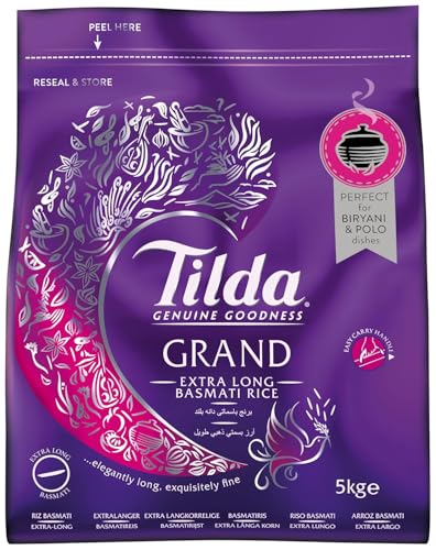 Tilda Grand Basmati Reis 5kg – Extra langer Premium Langkorn Basmati Reis, ideal für Biryani & Polo – Perfekte Körner aus dem Himalaya, Großverpackung für besondere Anlässe mit Kajal Sticker von Kajal