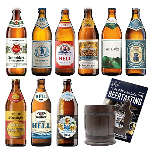KALEA Bayern-Bierbox mit Holzkrug aus Eichenholz | 9 x 0,5 l bayrische Biere | Biergeschenk für Männer und Frauen (9 Helle Biere + Dunkler Holzkrug) von Kalea