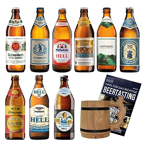 KALEA Bayern-Bierbox mit Holzkrug aus Eichenholz | 9 x 0,5 l bayrische Biere | Biergeschenk für Männer und Frauen (9 Helle Biere + Heller Holzkrug) von Kalea