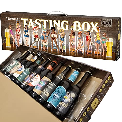 KALEA Beer Tasting Box | 10 deutsche Biere + 2 Verkostungsgläser im Pin Up Design | Biergeschenk | Geburtstag | Geschenk für Männer und Frauen (Pin-Up 10x0,33l Biere + 2 Gläser) von Kalea