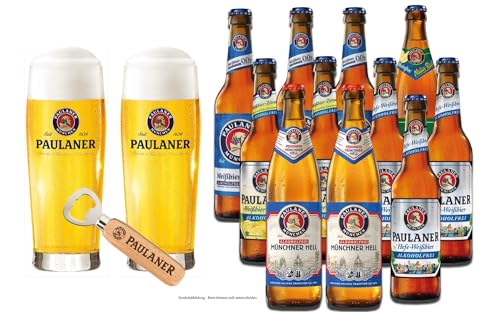 Paulaner Alkoholfrei Geschenkbox | 10 x ausgewählte alkoholfreie Bierspezialitäten von Paulaner | inkl. 2 Gloriabecher und 1 Holzflaschenöffner | Geschenk für alle Bierliebhaber von Kalea
