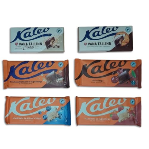 Kalev Schokoladen-Set mit 6 Sorten – Weiße, dunkle und Milchschokolade mit Heidelbeere, Erdbeere, Tiramisu und Likör Vana Tallinn von Kalev