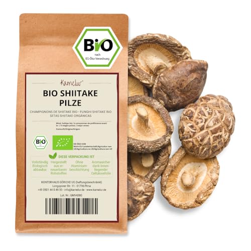 Kamelur 200g BIO Shiitake Pilze getrocknet & ganz Trocken Pilze ohne Zusätze, Asiatische Lebensmittel - getrocknete Pilze BIO in biologisch abbaubarer Verpackung von Kamelur