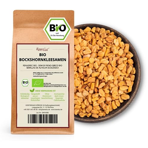 Kamelur 250g BIO Bockshornkleesamen ganz, Bockshornklee-Saat ohne Zusätze - als vielseitiges Gewürz oder als Bockshornklee Tee - BIO Bockshornklee Samen in biologisch abbaubarer Verpackung von Kamelur