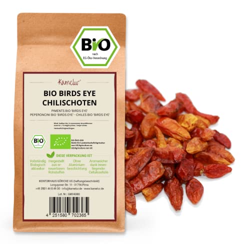 Kamelur 250g BIO Chili Schoten Birds Eye ganz - schonend getrocknete Chilischoten, ohne Zusätze - 120.000 Scoville - Chilli in biologisch abbaubarer Verpackung von Kamelur