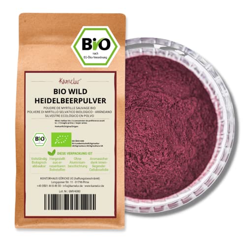 Kamelur Bio Wild Heidelbeerpulver gefriergetrocknet aus EU-Landwirtschaft - 250g - Heidelbeer Pulver Bio aus wilden Heidelbeeren in biologisch abbaubarer Verpackung von Kamelur