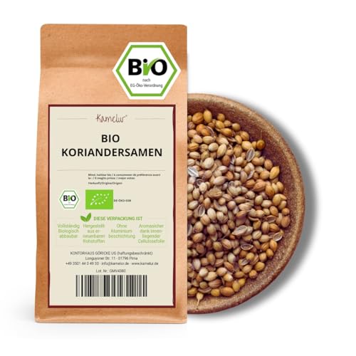 Kamelur 250g BIO Koriandersamen ganz - aromatische Koriander Samen ohne Zusätze – Koriandersamen BIO in biologisch abbaubarer Verpackung von Kamelur