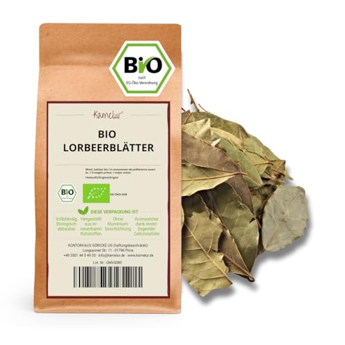 Kamelur 500g BIO Lorbeerblätter getrocknet - ganze Lorbeer Blätter, handverlesen und intensiv aromatisch, ohne Zusätze – Lorbeerblätter BIO in biologisch abbaubarer Verpackung von Kamelur