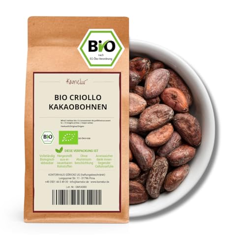 Kamelur 1kg BIO Criollo Kakaobohnen - Rohkost - ganze Kakao Bohnen nicht geröstet, vegan und ohne Zusätze - biologisch abbaubare Verpackung von Kamelur