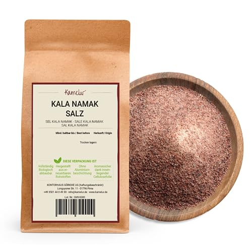 Kamelur 1kg Original Kala Namak Salz fein, verpackt in biologisch abbaubarer Verpackung- Exklusives Steinsalz aus Indien als Ei-Ersatz vegan - Schwarzes Salz von Kamelur