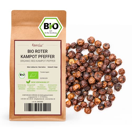 Kamelur 200g BIO Roter Kampot Pfeffer - die Pfefferrarität aus Kambodscha, ganze rote Pfefferkörner für die Pfeffermühle oder den Mörser – Kampot Pfeffer rot BIO ohne Zusätze von Kamelur