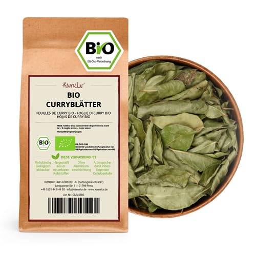 Kamelur 250g BIO Curryblätter getrocknet & ganz - Curry Blätter BIO aus Wildsammlung, curry leaves ohne Zusätze - Curryblätter BIO in biologisch abbaubarer Verpackung von Kamelur