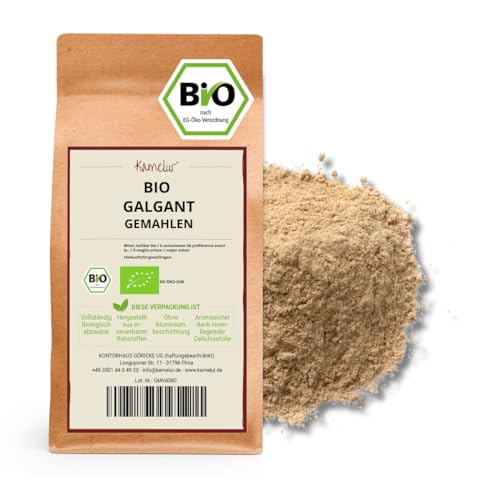 Kamelur 250g BIO Galgant Gewürz gemahlen - aromatisches BIO Galgant Pulver hergestellt aus der Galgantwurzel, ohne Zusätze - Galgantpulver in biologisch abbaubarer Verpackung von Kamelur