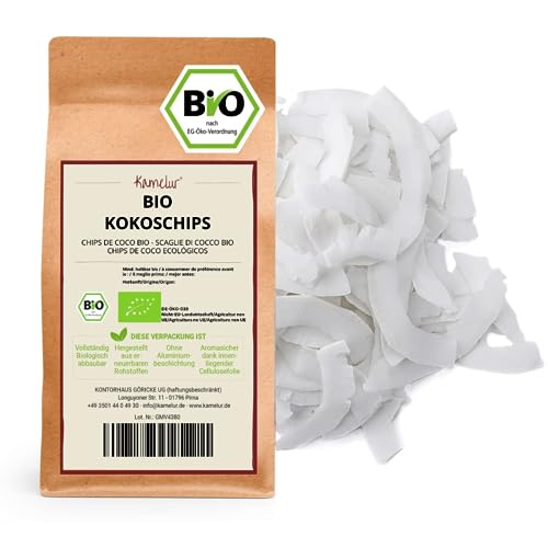 Kamelur 500g BIO Kokoschips roh & ungesüßt - Rohkost Kokos Chips BIO ohne Zusätze – das ideale Topping für Porridge – Kokoschips BIO in biologisch abbaubarer Verpackung von Kamelur