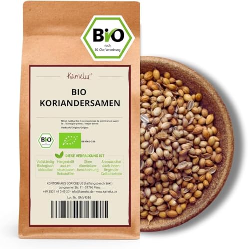 Kamelur 500g BIO Koriandersamen ganz - aromatische Koriander Samen ohne Zusätze – Koriandersamen BIO in biologisch abbaubarer Verpackung von Kamelur