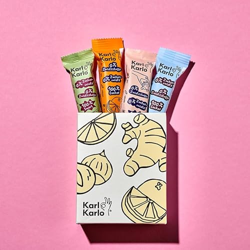 Karl Karlo Fruchtriegel Probierpaket Zitrone, Ingwer, Orange und Haselnuss - 4 x 35g | Vegane Süßigkeiten auf Dattelbasis | Veganer Snack ohne Zusatzstoffe, glutenfrei und Nutri Score A von Karl Karlo