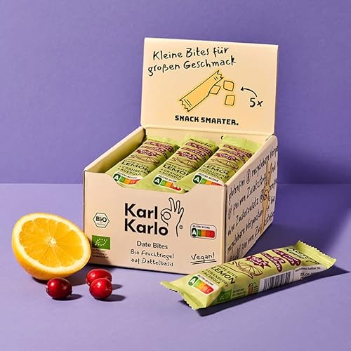 Karl Karlo Fruchtriegel Zitrone - 12 x 35g | Vegane Süßigkeiten auf Dattelbasis | Veganer Snack ohne Zusatzstoffe, glutenfrei | getrocknete Cranberries, Acerola von Karl Karlo