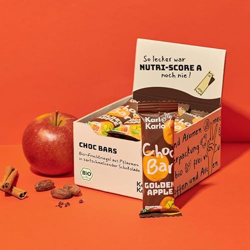 Karl Karlo Schokoriegel Bio - Choc Bars, Golden Apple | Bio Schokolade mit Nutri-Score A auf Pflaumenbasis | 100% Bio-Zutaten, Frei von Zusatzstoffen & Aromen, recyclefähige Verpackung | 12er Box von Karl Karlo