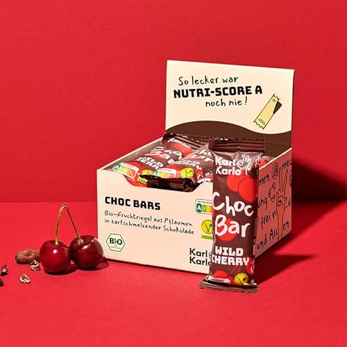 Karl Karlo Schokoriegel Bio - Choc Bars, Wild Cherry | Bio Schokolade mit Nutri-Score A auf Pflaumenbasis | 100% Bio-Zutaten, Frei von Zusatzstoffen & Aromen, recyclefähige Verpackung | 12er Box von Karl Karlo