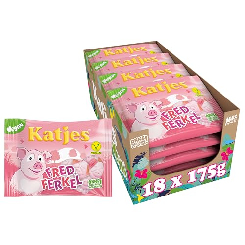 Katjes Fred Ferkel Vorratspack – Vorrats-Box Schaumzucker mit Fruchtgummi in Schweinchen-Form, fruchtiger Mix in unterschiedlichen Geschmacksrichtungen, vegan, 18 x 175 g von Katjes