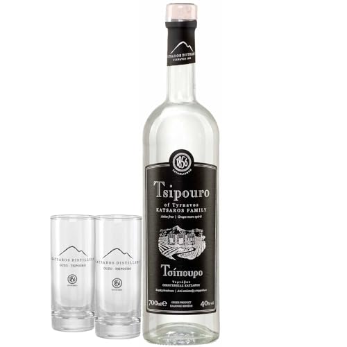 Tsipouro Tirnavos ohne Anis 40% 0,7l mit 2 Gläsern | Griechischer Tresterbrand | 100% Destillat | Katsaros Distillery seit 1856 von Katsaros