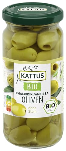 Kattus - Bio grüne Oliven ohne Stein | Griechische Oliven zum Verfeinern von Salaten oder Saucen | Aus biologischem Anbau | 125 g im Glas von Kattus