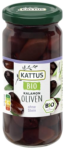 Kattus - Bio schwarze Kalamon Oliven entsteint | Griechische Oliven in Lake für Antipasti oder Tapas | Aus biologischem Anbau | 125 g im Glas von Kattus