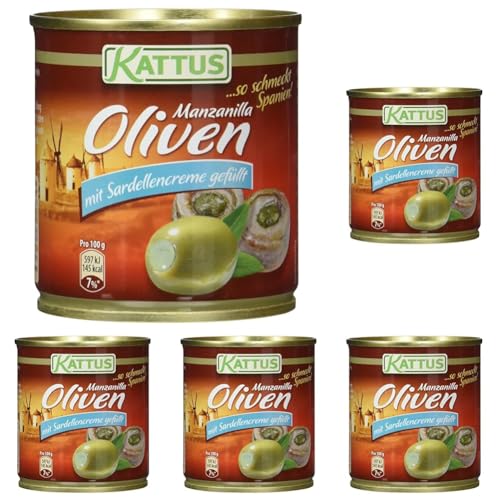 Kattus - Grüne Manzanilla Oliven mit Sardellencreme gefüllt | Entsteinte Oliven, in Lake | 85 g in der Dose (Packung mit 5) von Kattus