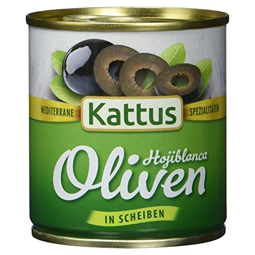 Kattus - Hojiblanca Oliven in Scheiben | Schwarze Oliven zum Belegen von Pizza, zum Garnieren von Salaten oder in Saucen | 85 g in der Dose von Kattus