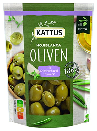 Kattus - Hojiblanca Oliven mit Thymian und Knoblauch | Grüne Oliven ohne Stein | Im wiederverschließbaren Beutel | 120 g im Beutel von Kattus