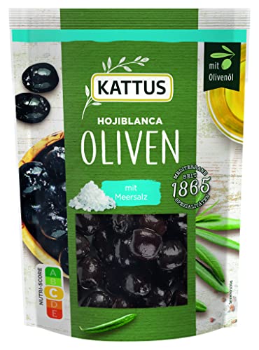 Kattus - Schwarze Hojiblanca Oliven mit Meersalz | Entsteinte Hojiblanca Oliven mit Olivenöl und Meersalz mariniert | Im wiederverschließbaren Beutel | 120 g im Beutel von Kattus