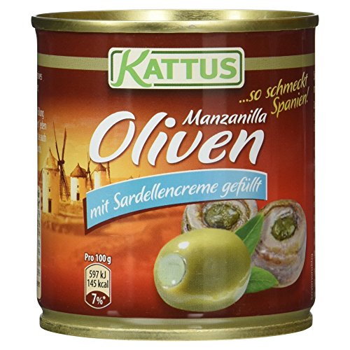 Kattus - Grüne Manzanilla Oliven mit Sardellencreme gefüllt | Entsteinte Oliven, in Lake | 85 g in der Dose von Kattus