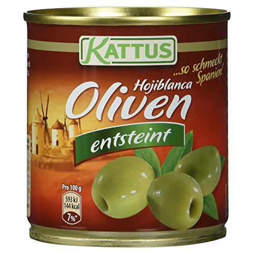 Kattus - Grüne Hojiblanca Oliven ohne Stein | Spanische Oliven entsteint | Ideal zu Pizza, Fleisch- oder Fischgerichte | 85 g in der Dose von Kattus