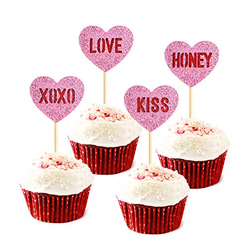 Keaziu 24 Stück rosa Herz Valentinstag Cupcake Topper Valentinstag Cupcake Topper für Kuchen Dekorationen Valentinstag Hochzeit Party Urlaub Supplies von Keaziu