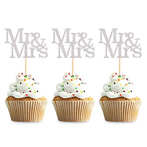 Keaziu Cupcake-Topper Mr & Mrs, silberfarben, 48 Stück von Keaziu