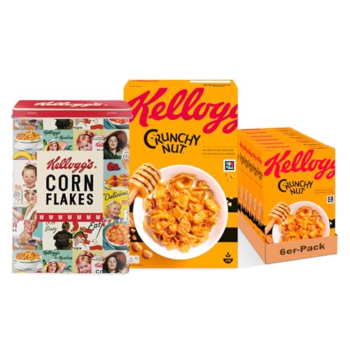 Kellogg's Crunchy Nut Cornflakes (6 x 500 g) + nostalgische Blechdose mit Deckel – knusprige Frühstückscerealien mit Erdnüssen und Honig – ohne künstliche Farb- und Aromastoffe von Kellogg's